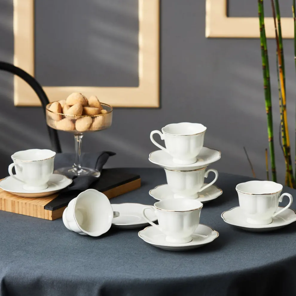 Karaca Çan 12-Piece Porcelain Espresso Turkish Coffee Cup Set for 6 People, 90ml, White Gold