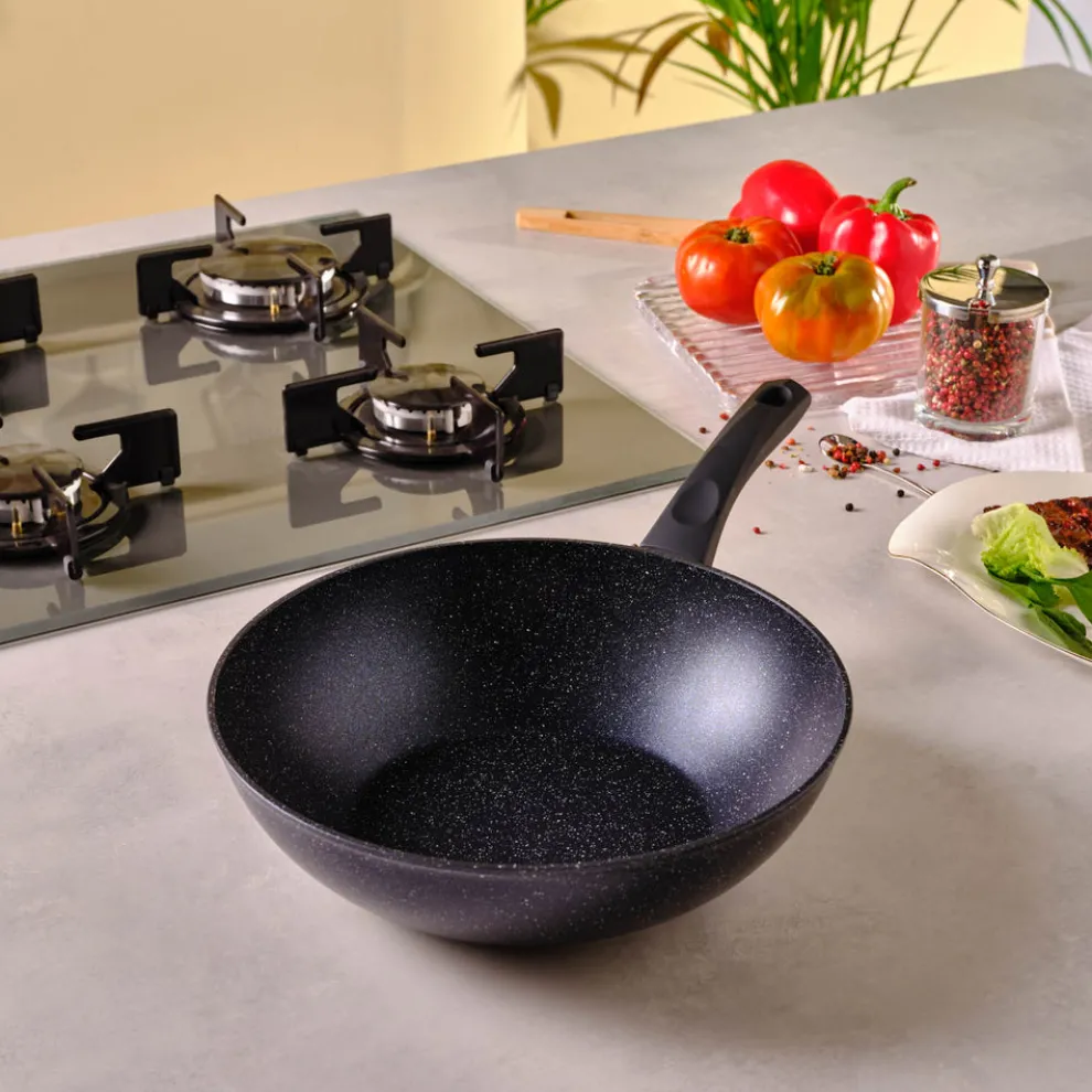 Karaca Aqua Granite Non-Stick Induction Wok Pan, 28cm, Blue