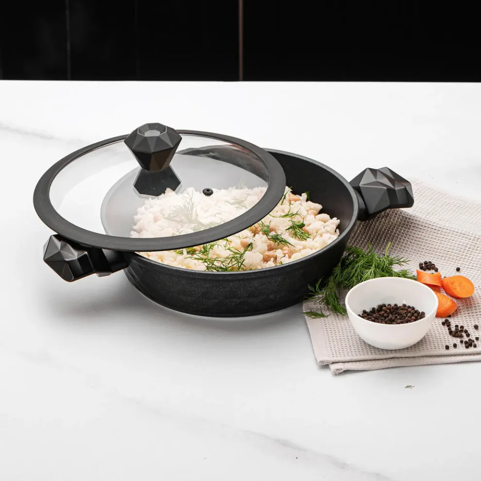 Karaca BioDiamond Non-Stick Antibacterial Handle Induction Shallow Casserole with Lid, 3.2L, Black