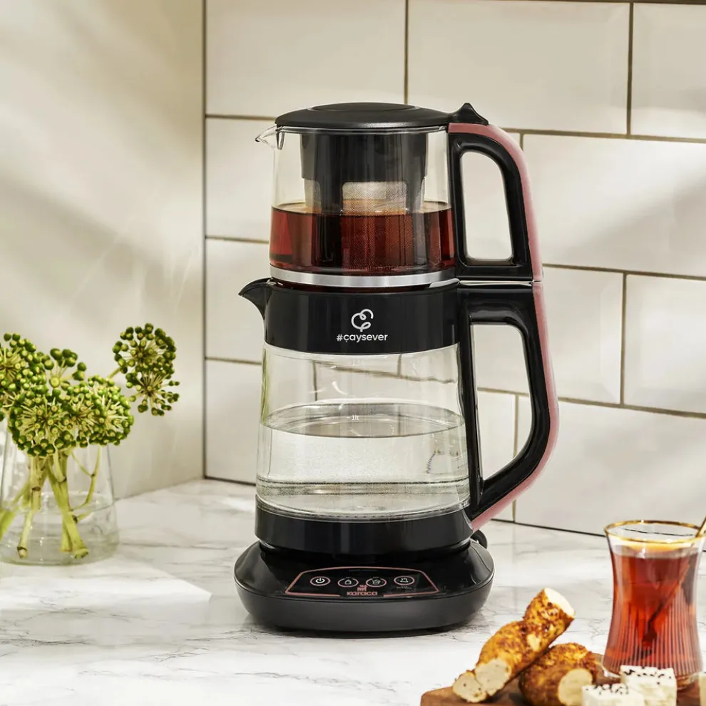 Karaca Caysever 3 in 1 Talking Automatic Tea Maker Kettle and Baby Food Water Preparation, 1700W, Rose Gold