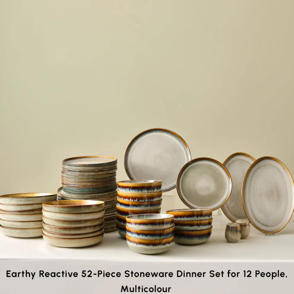 Karaca Earth Collection Earthy Reactive Glaze 52-Piece Stoneware Dinner Set for 12 People, Multi