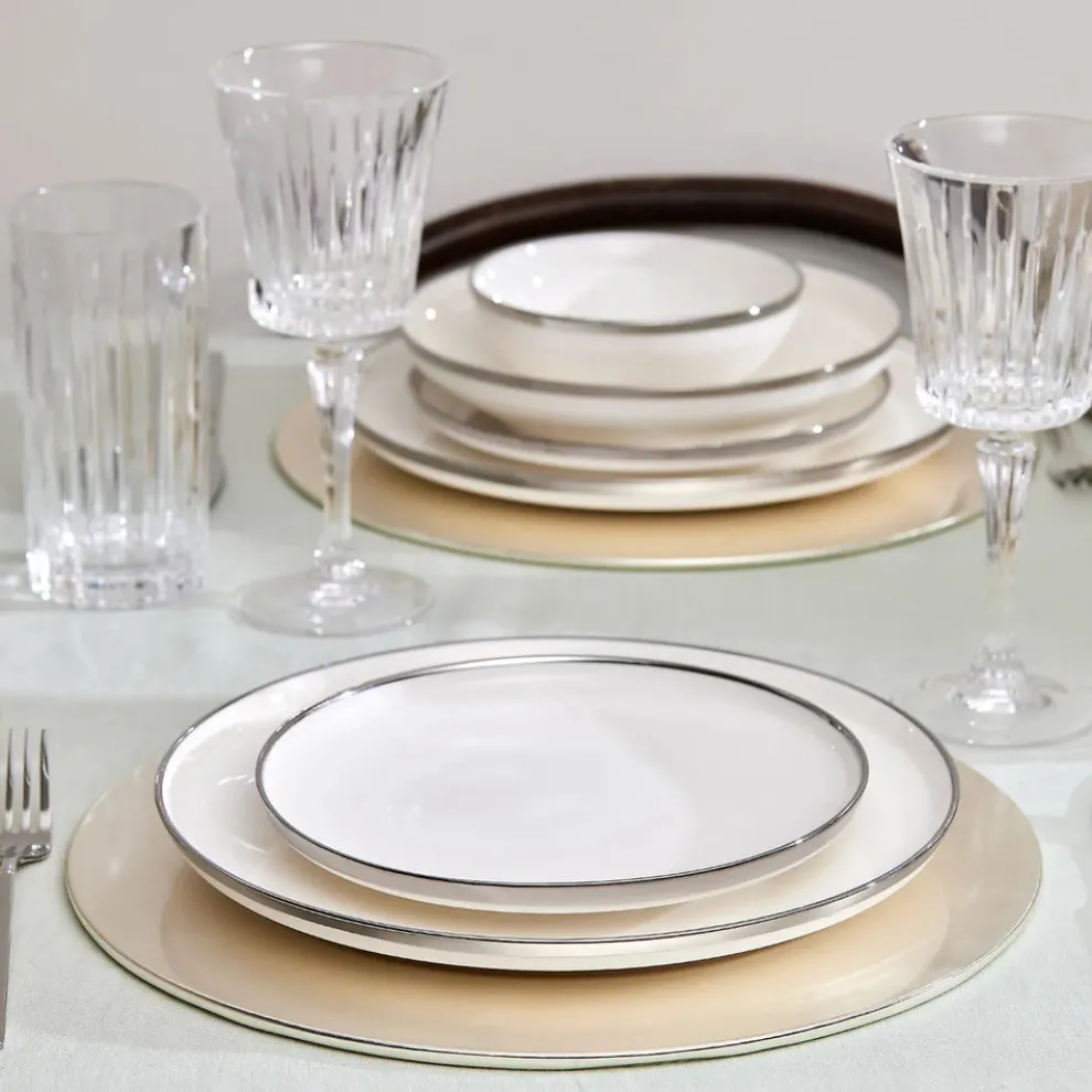 Karaca Eclipse 57-Piece Bone China Dinner Set for 12 People, White Platinum