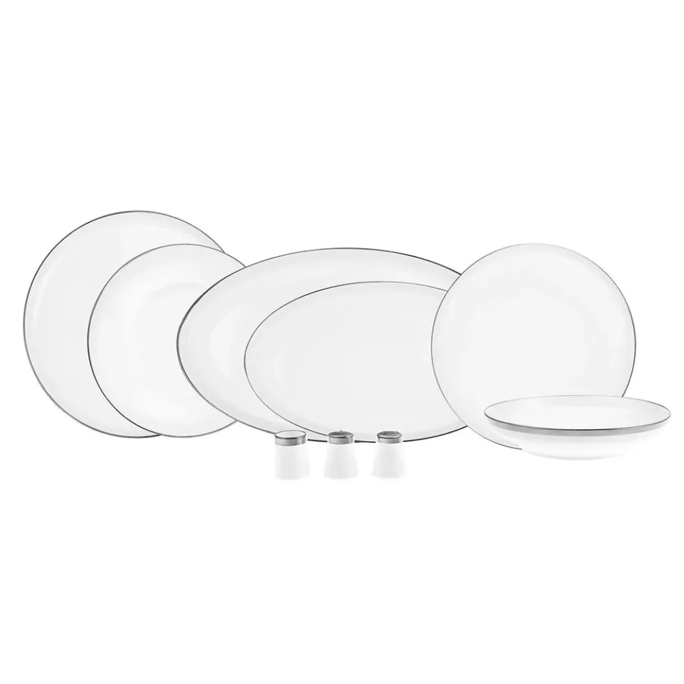 Karaca Eclipse 57-Piece Bone China Dinner Set for 12 People, White Platinum
