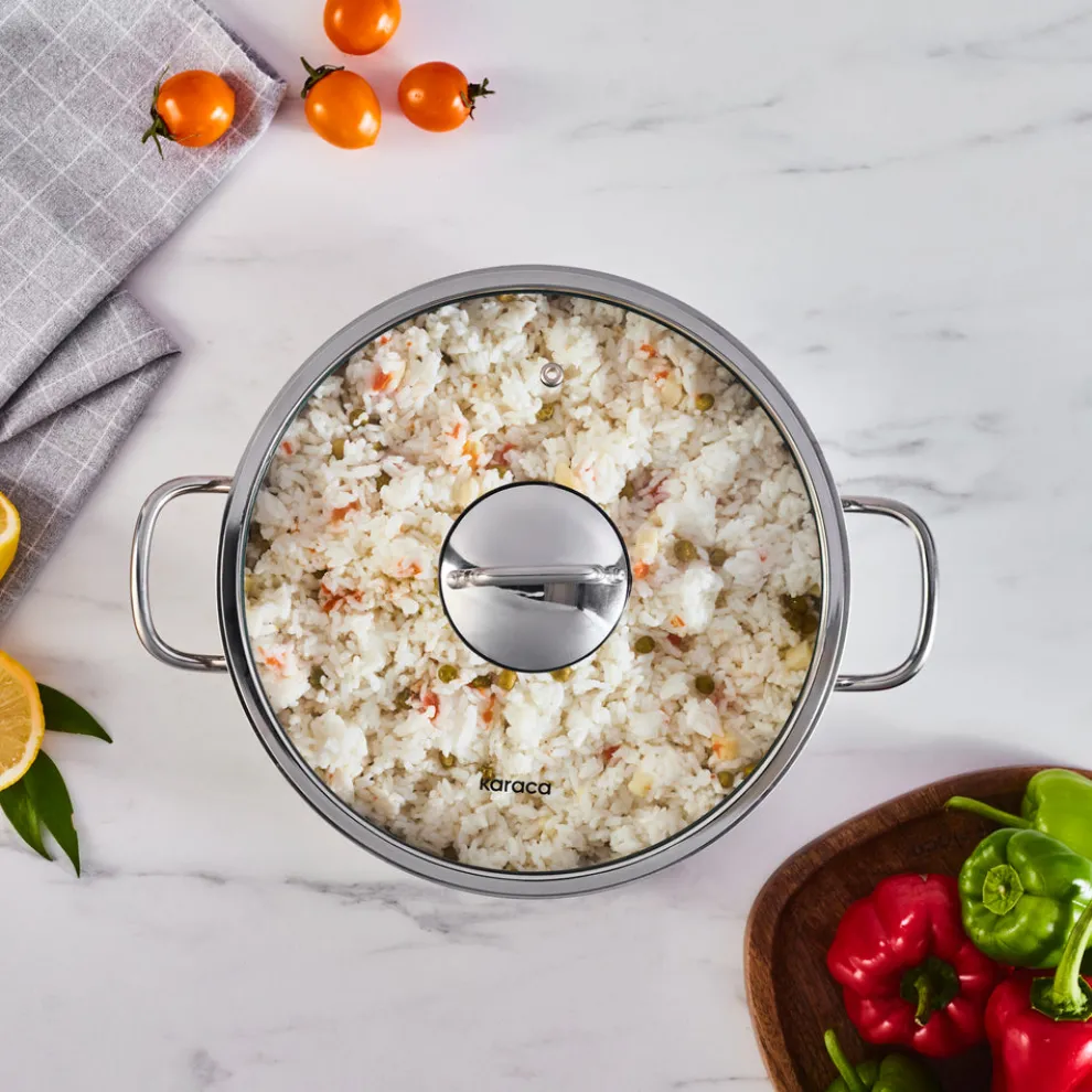 Karaca Emirgan Stainless Steel Shallow Casserole with Lid, 26cm, Silver