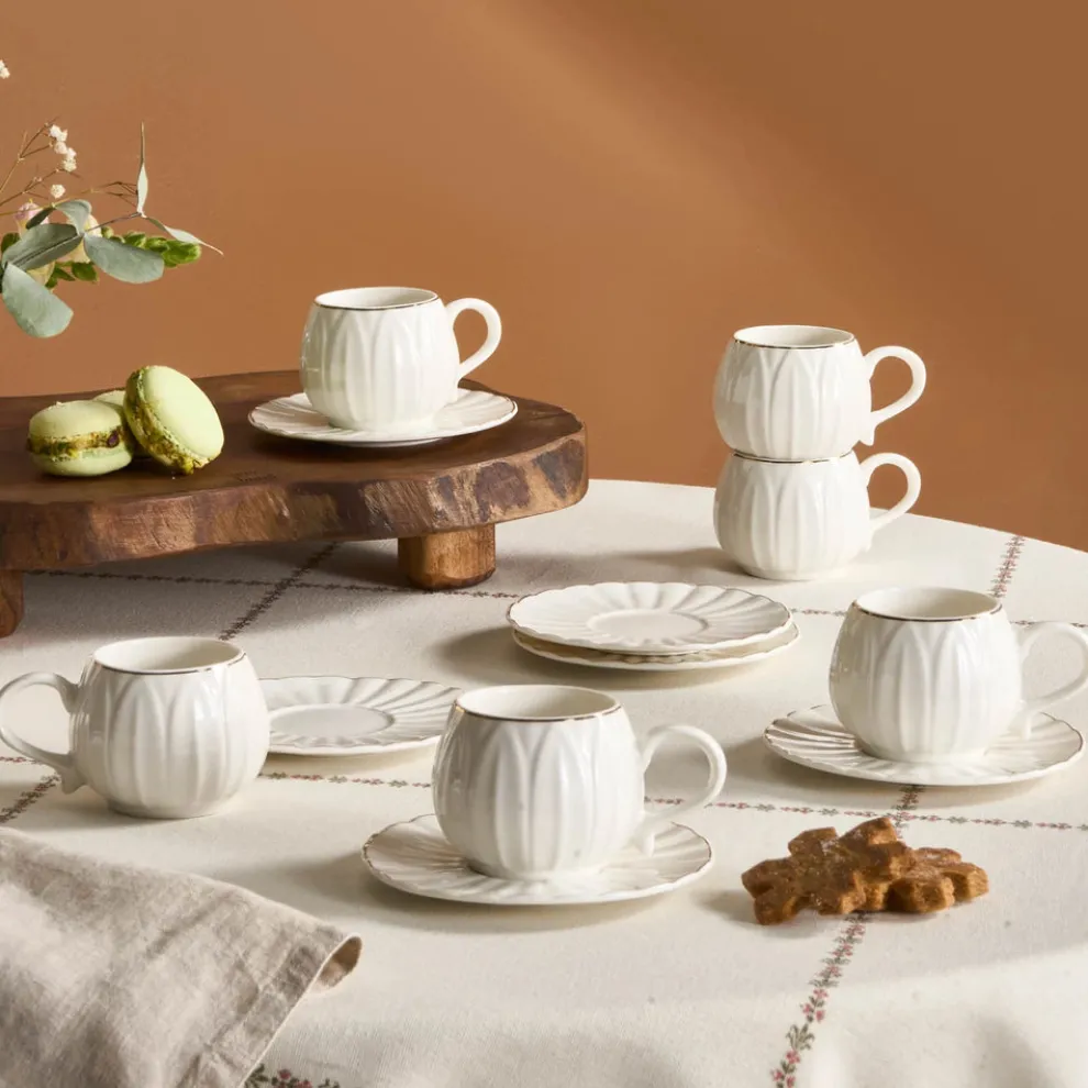 Karaca Eylul 12-Piece Bone China Espresso Turkish Coffee Cup Set for 6 People, 85ml, White