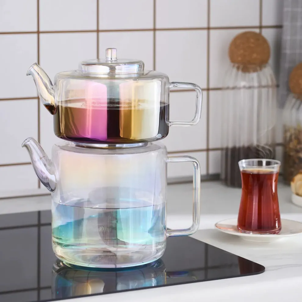 Karaca Flat Borosilicate Glass Luster Teapot, Multi