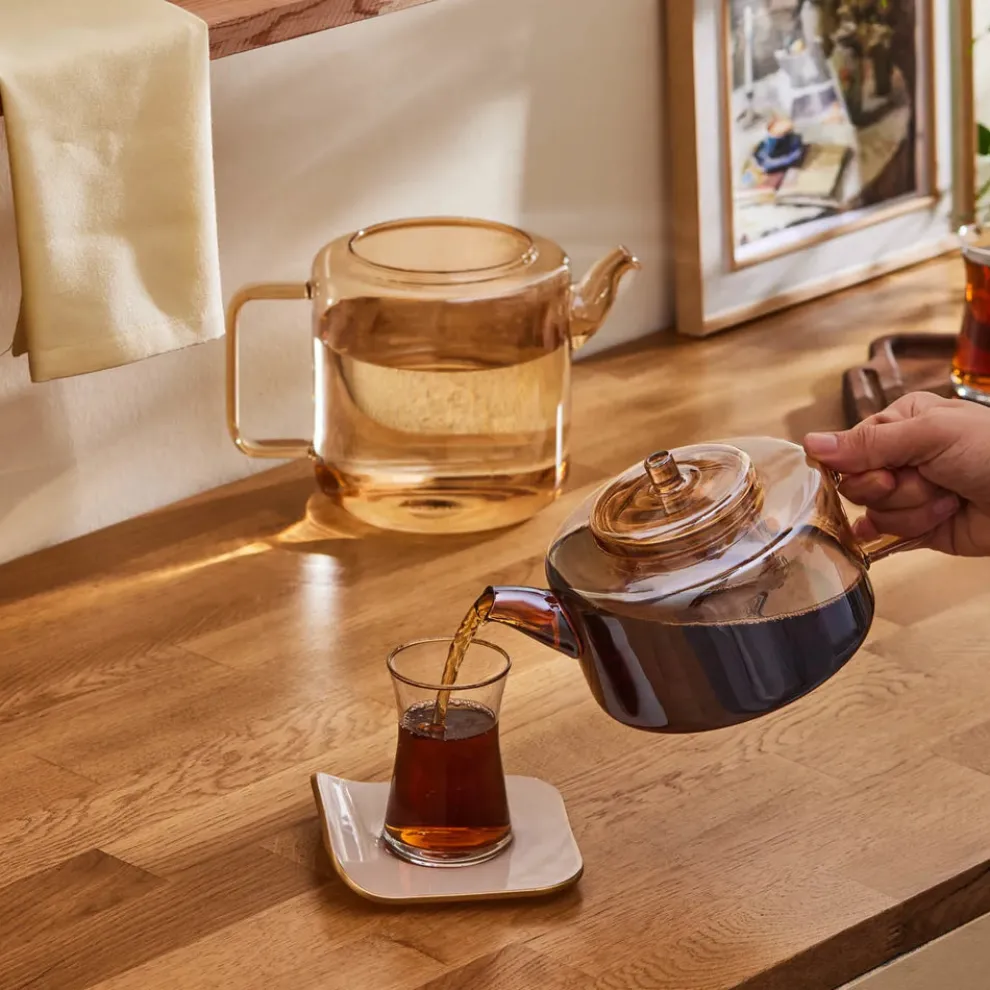 Karaca Flat Borosilicate Glass Teapot, Amber