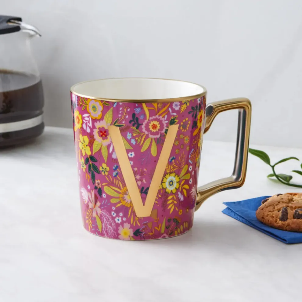 Karaca Flower Porcelain Letter V Mug, 350ml, Multi