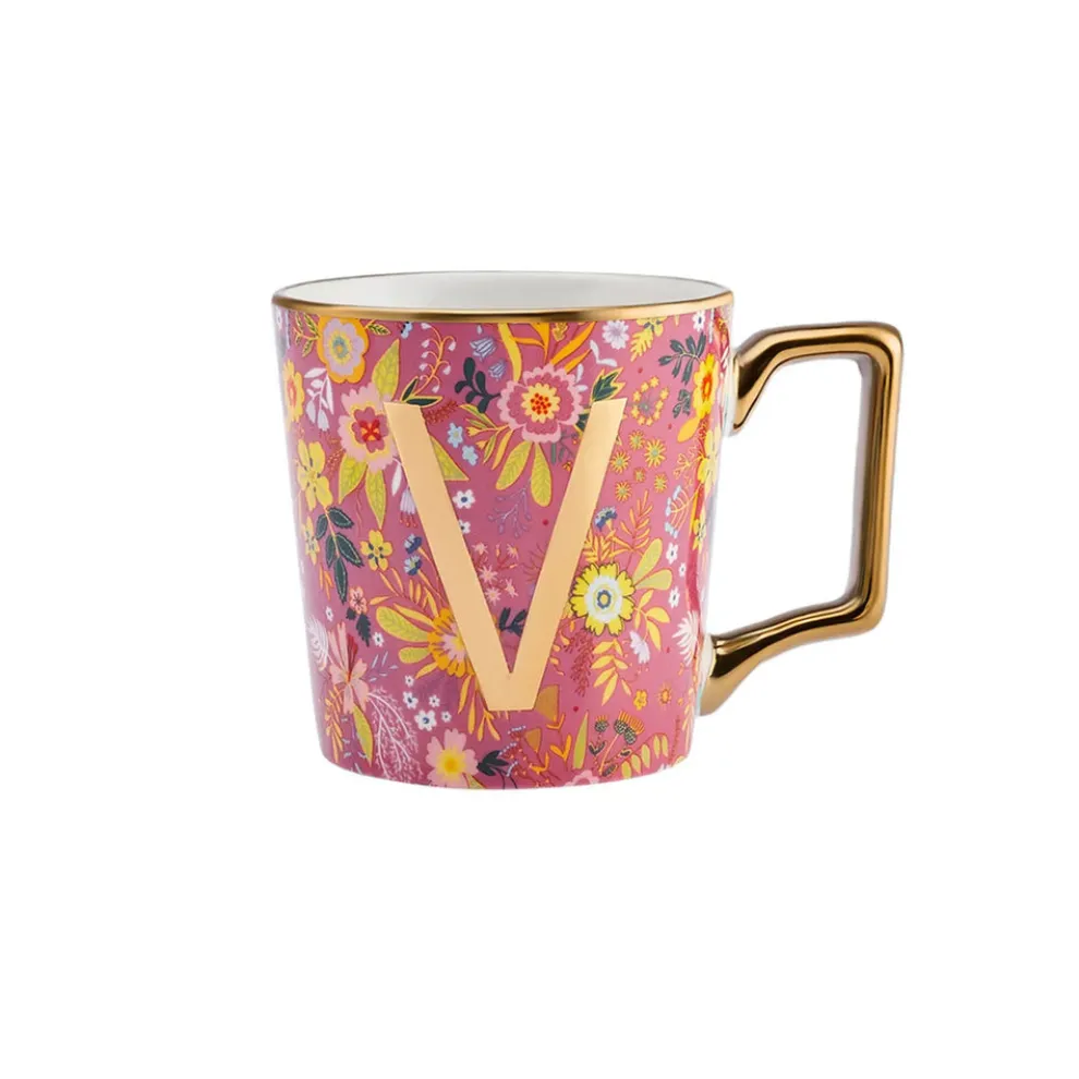 Karaca Flower Porcelain Letter V Mug, 350ml, Multi