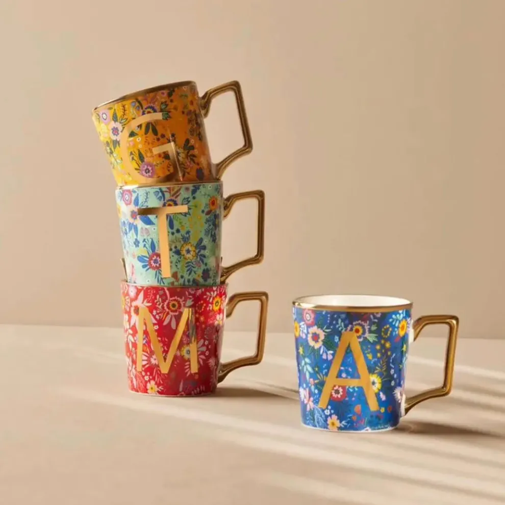 Karaca Flower Porcelain Letter V Mug, 350ml, Multi