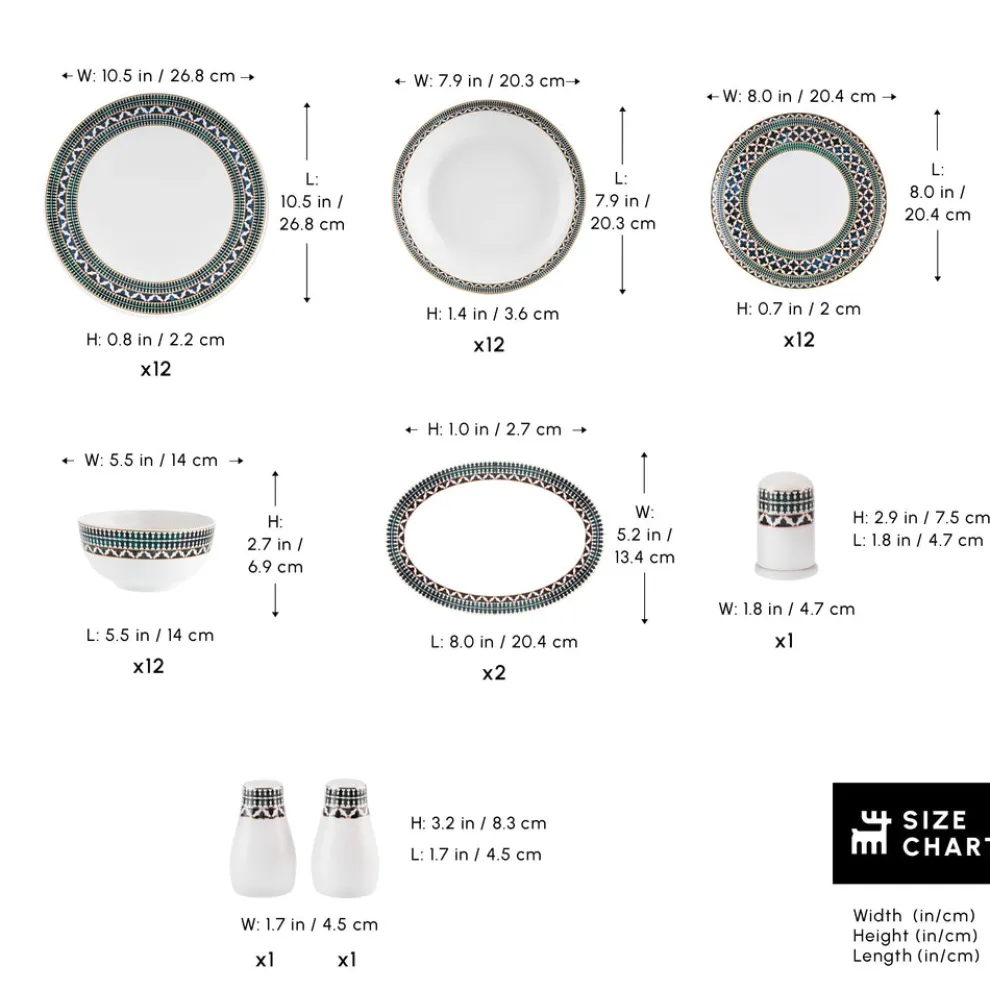 Karaca Forever Bone China New Cordoba 53-Piece Dinner Set for 12 People, Multi