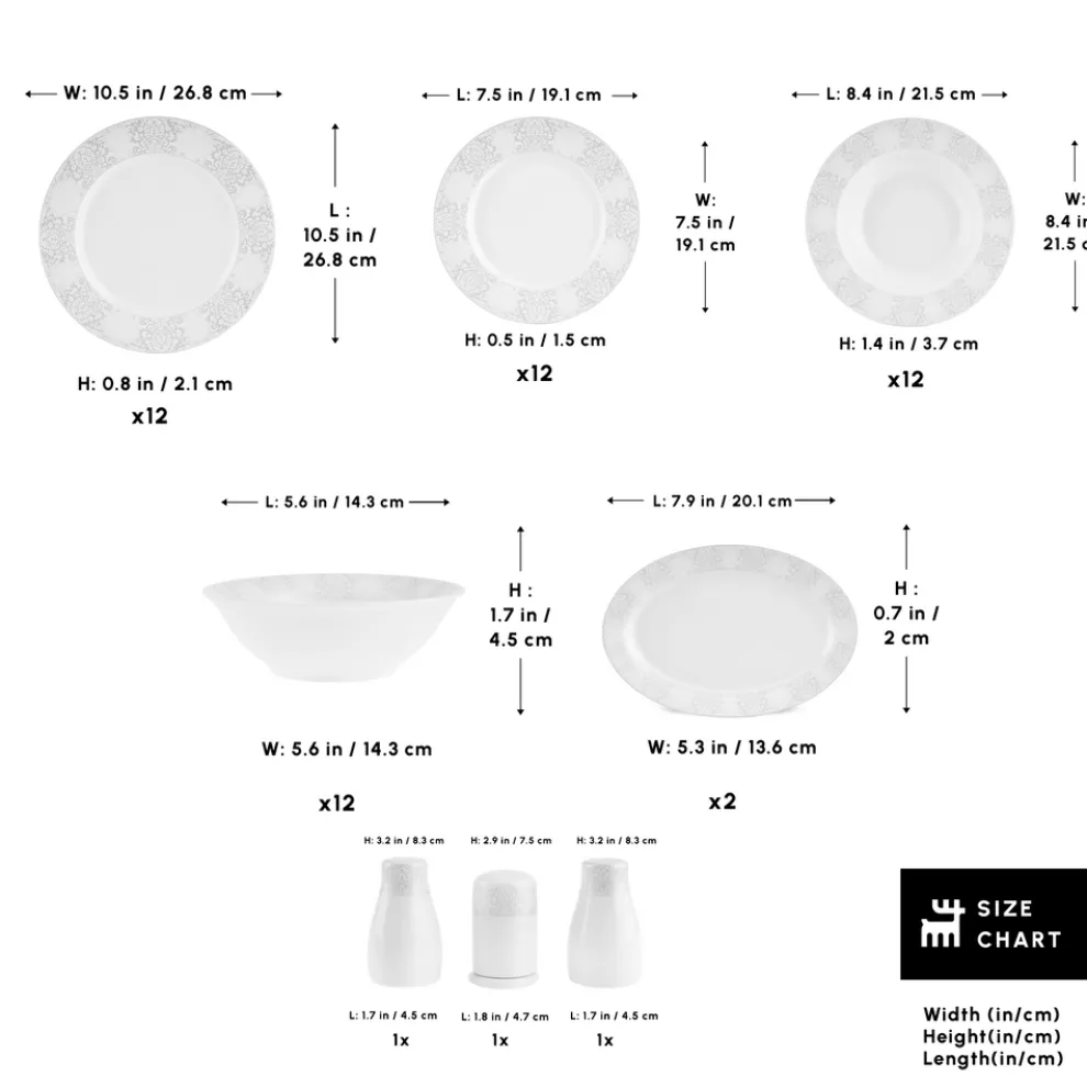 Karaca Forever Bone China New Olio 53-Piece Dinner Set for 12 People, White