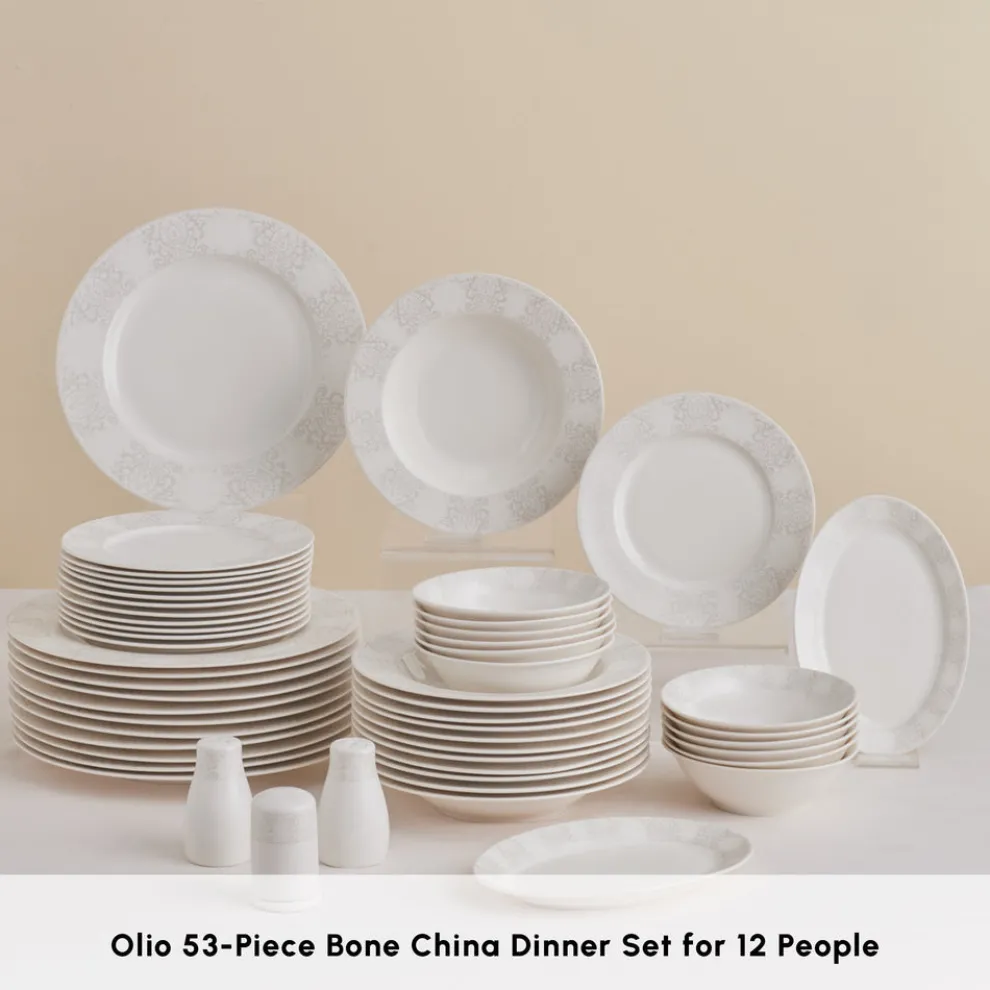 Karaca Forever Bone China New Olio 53-Piece Dinner Set for 12 People, White