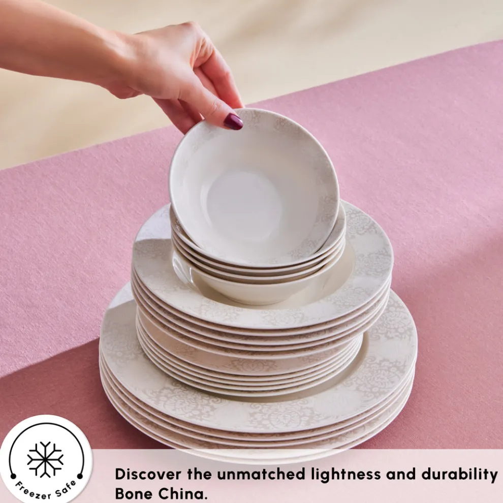 Karaca Forever Bone China New Olio 53-Piece Dinner Set for 12 People, White