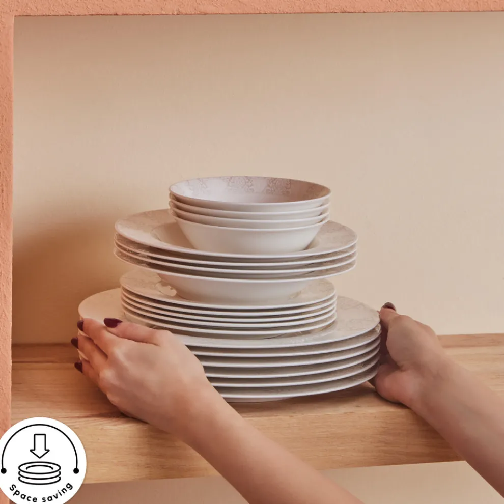 Karaca Forever Bone China New Olio 53-Piece Dinner Set for 12 People, White