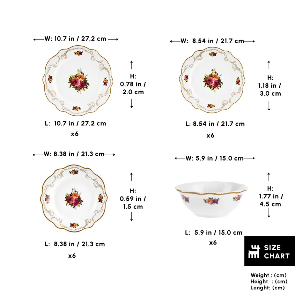 Karaca Forever Bone China Antique 24-Piece Dinner Set for 6 People, Multi