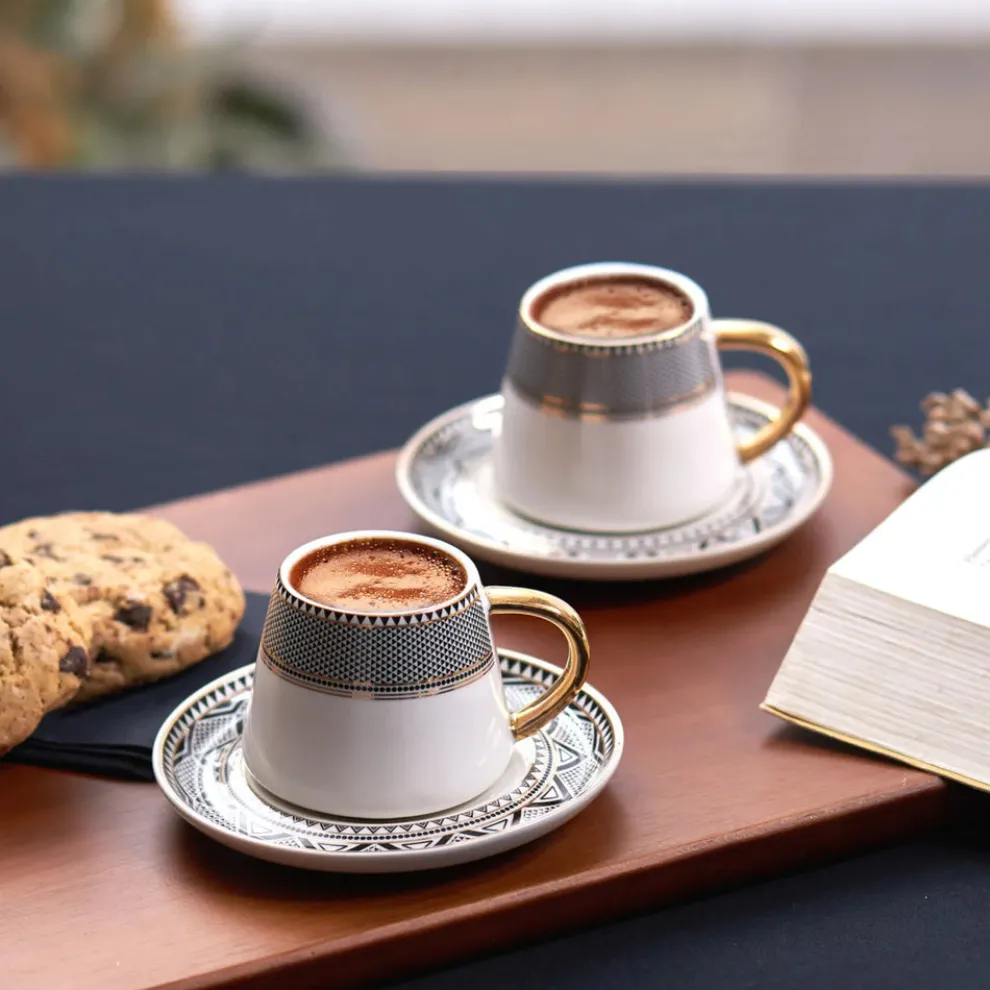 Karaca Globe 4 Piece Porcelain Espresso Turkish Coffee Cup Set for 2 People, 80ml, Multi