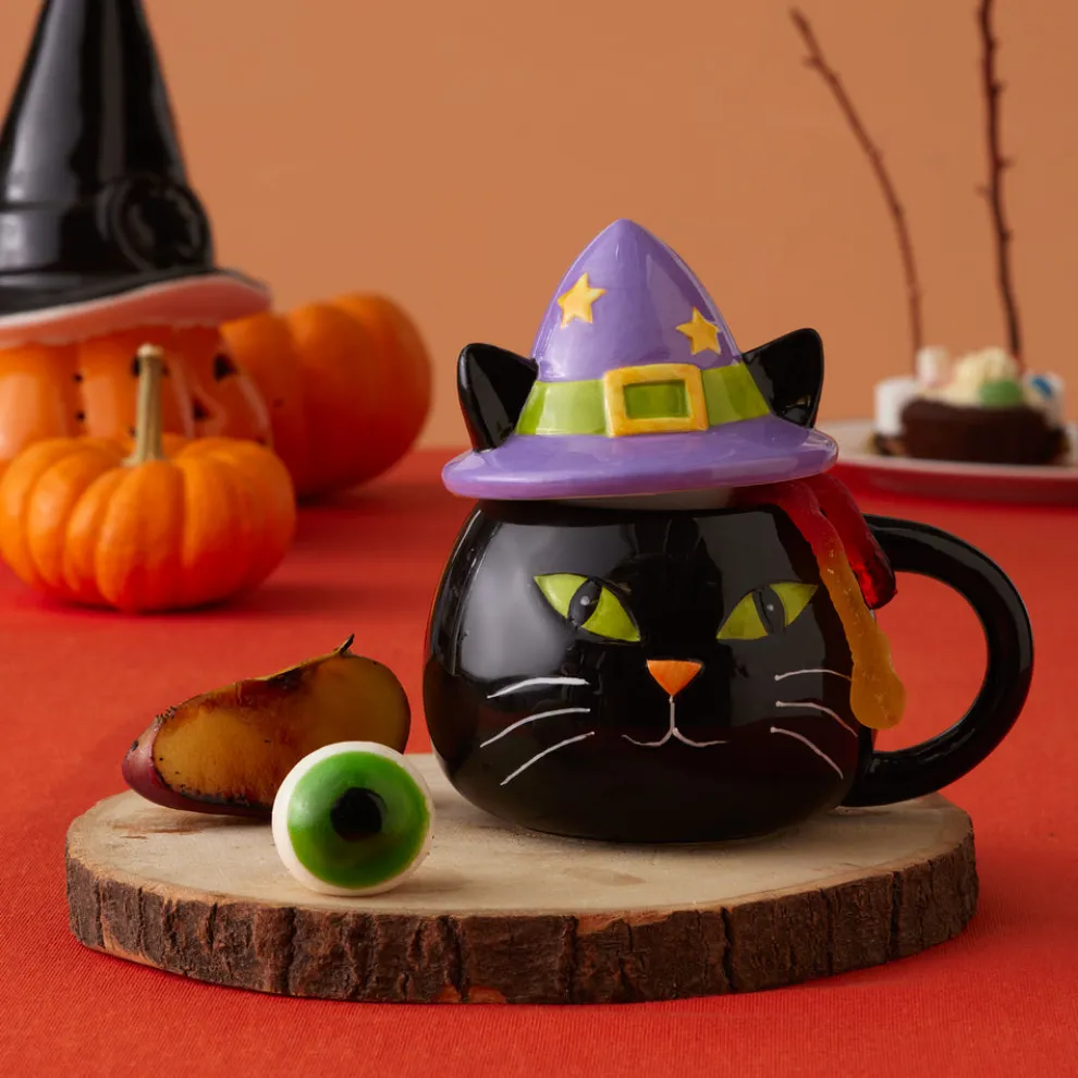 Karaca Halloween Catty Ceramic Mug, 370ml, Black White