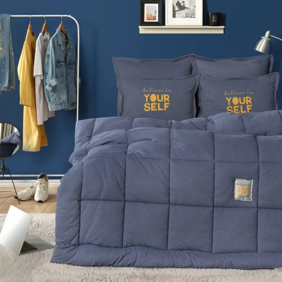 Karaca Home Motto 100% Turkish Cotton Comfort Bedding Set, Double, Indigo