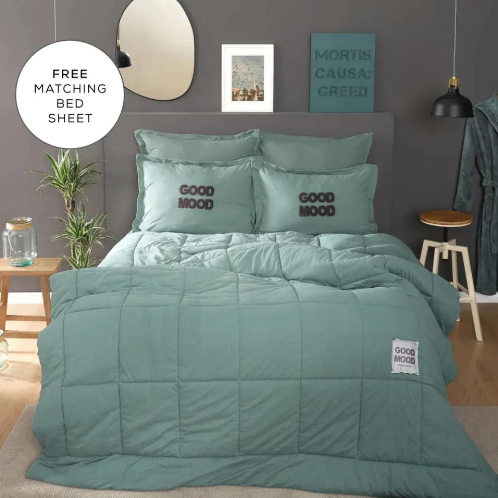 Karaca Home Motto Cotton Comfort Bedding Set with Bed Sheet, Double, Petrol