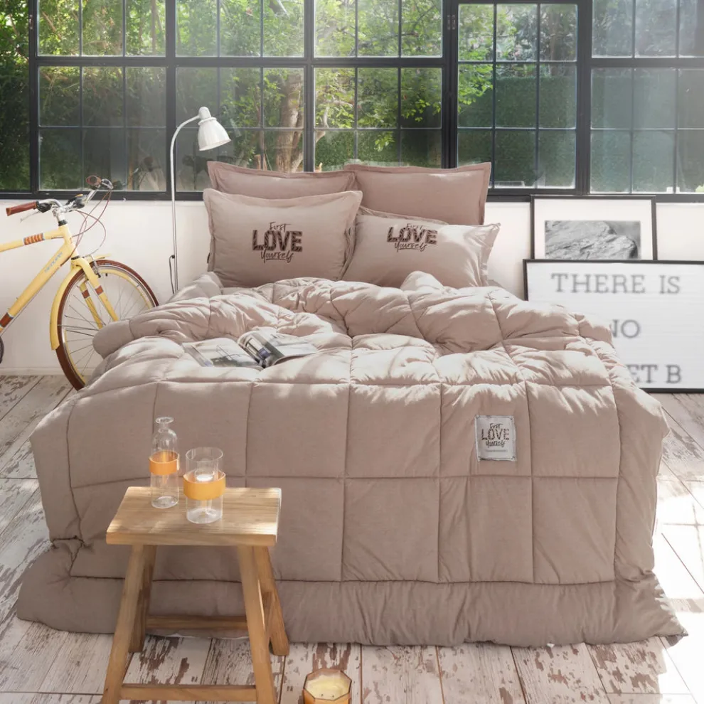 Karaca Home Motto 100% Turkish Cotton Comfort Bedding Set, Double, Beige