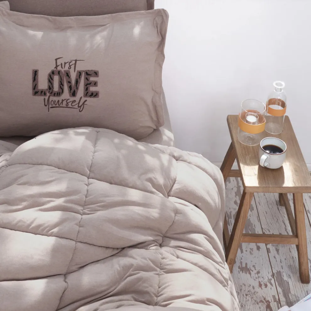 Karaca Home Motto 100% Turkish Cotton Comfort Bedding Set, Double, Beige