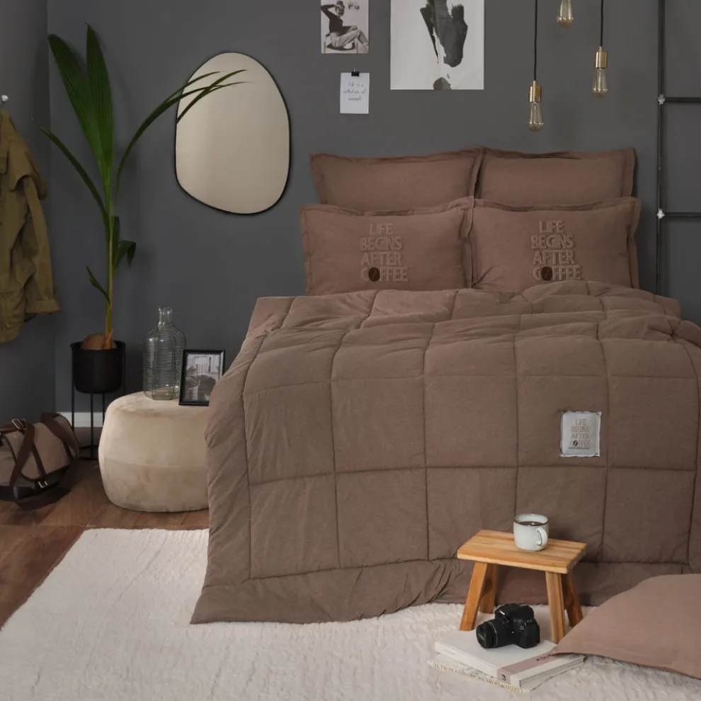 Karaca Home Motto 100% Turkish Cotton Comfort Bedding Set, Double, Brown