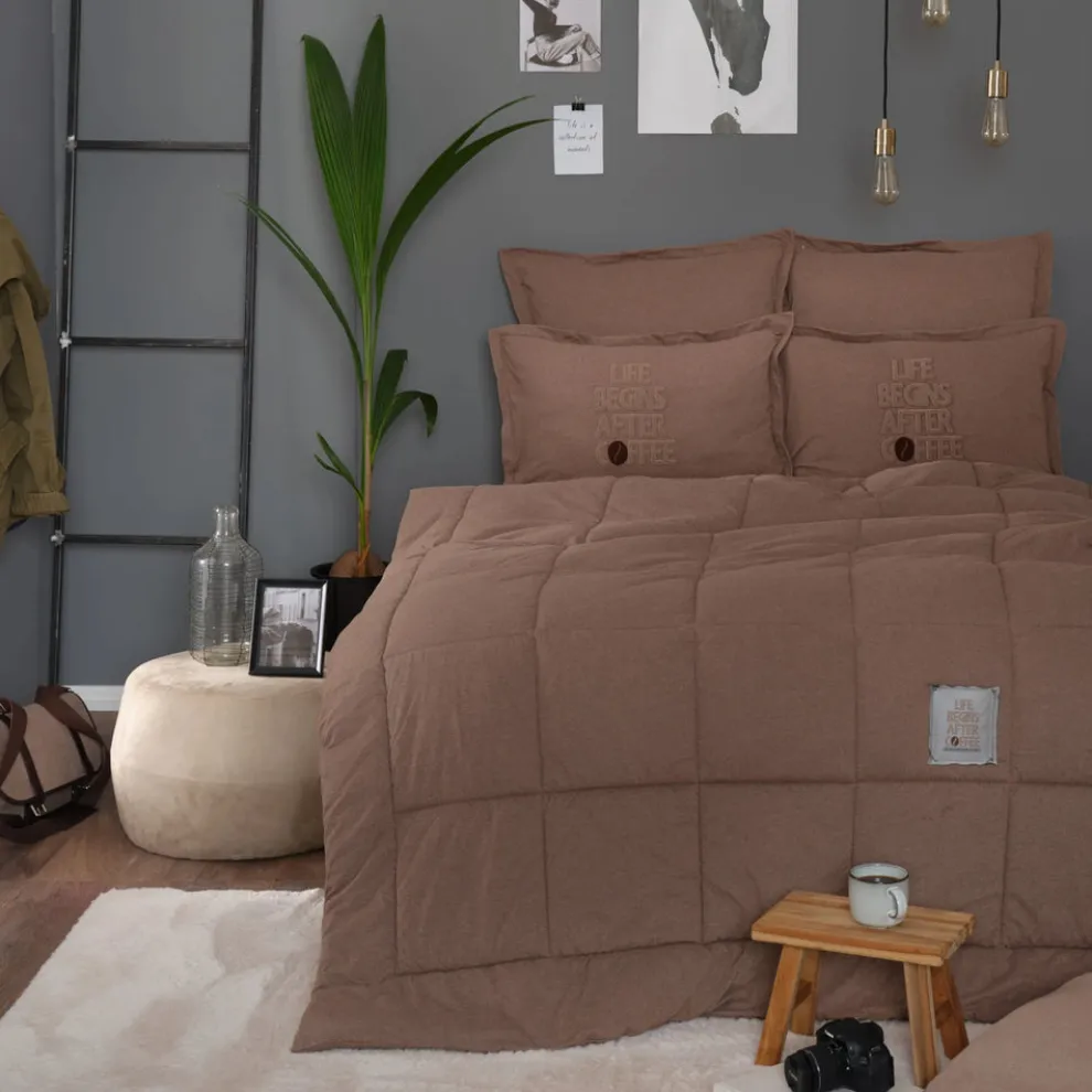 Karaca Home Motto 100% Turkish Cotton Comfort Bedding Set, Double, Brown