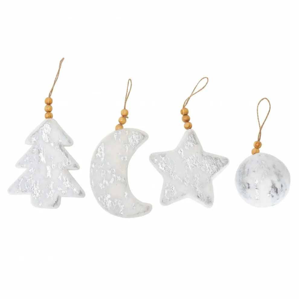 Karaca Home New Year Christmas Puffy Tree Decoration Set, 4 Piece, 8cm, White Gold