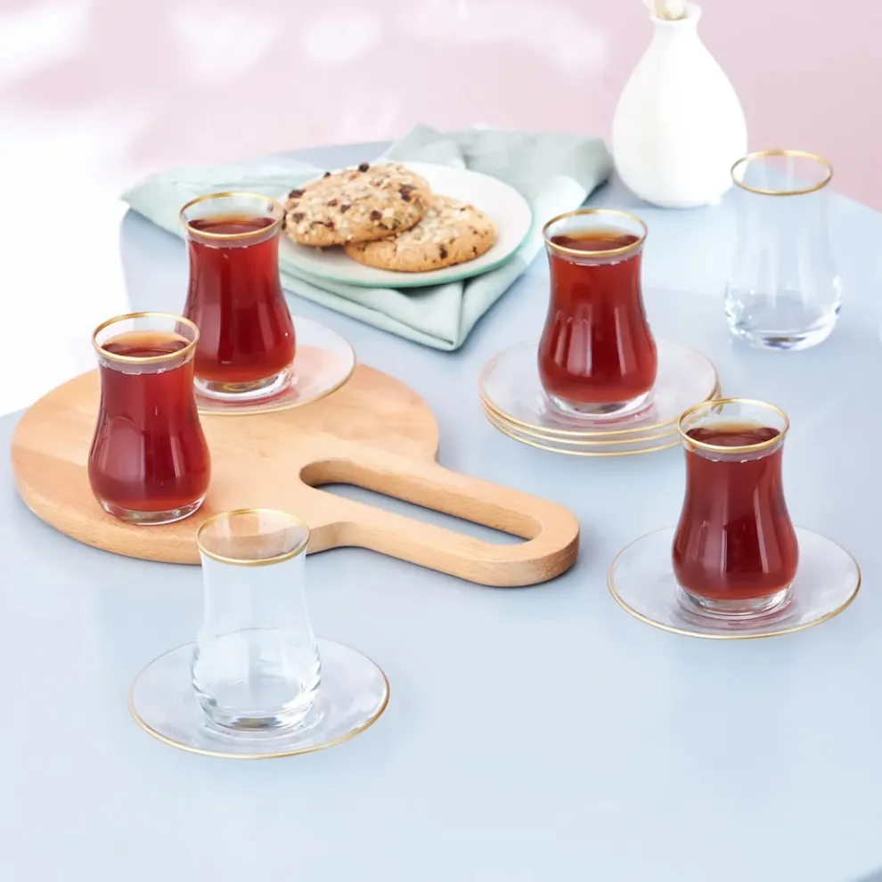 Karaca Kirke 12 Piece Glass Turkish Tea Set for 6 People, 110ml, Gold Transparent