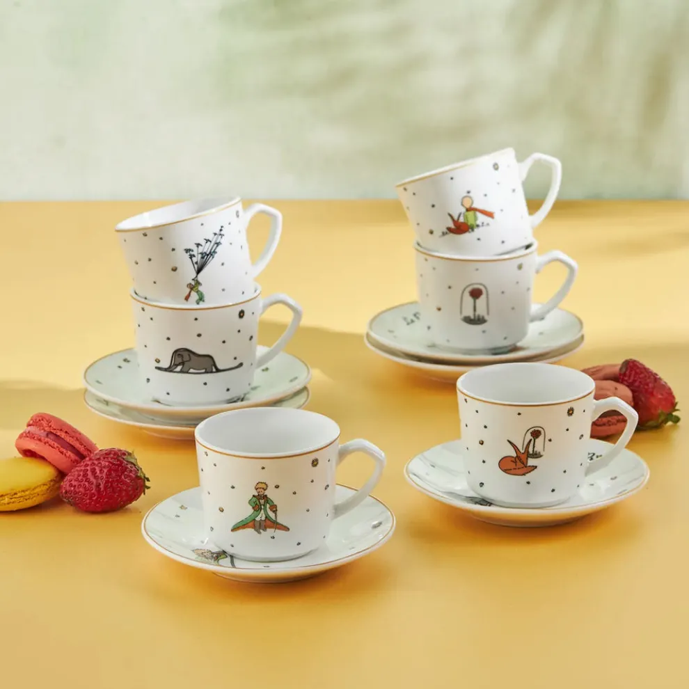 Karaca Little Prince 12-Piece Porcelain Espresso Turkish Coffee Cup Set for 6 People, 80ml, White Multi