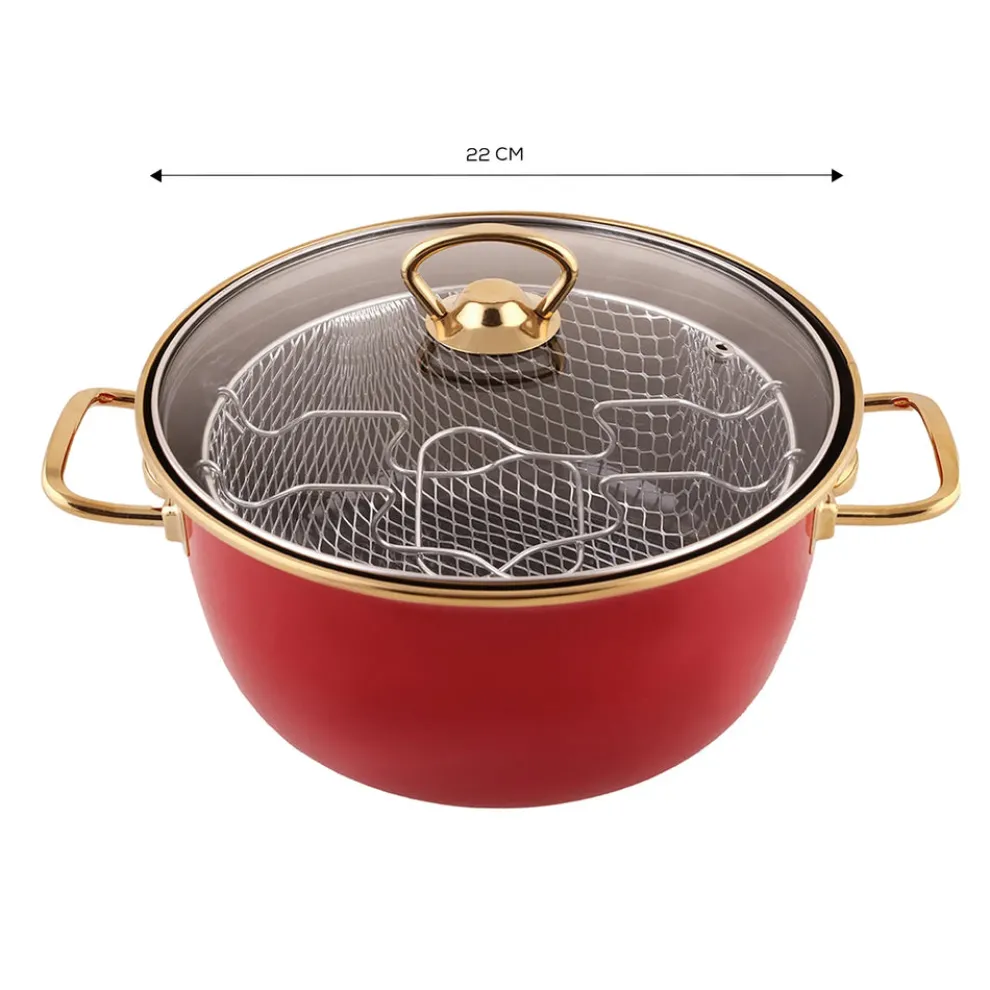 Karaca Love of Kitchen Retro Enamel Induction Frying Pot, 22cm, Red