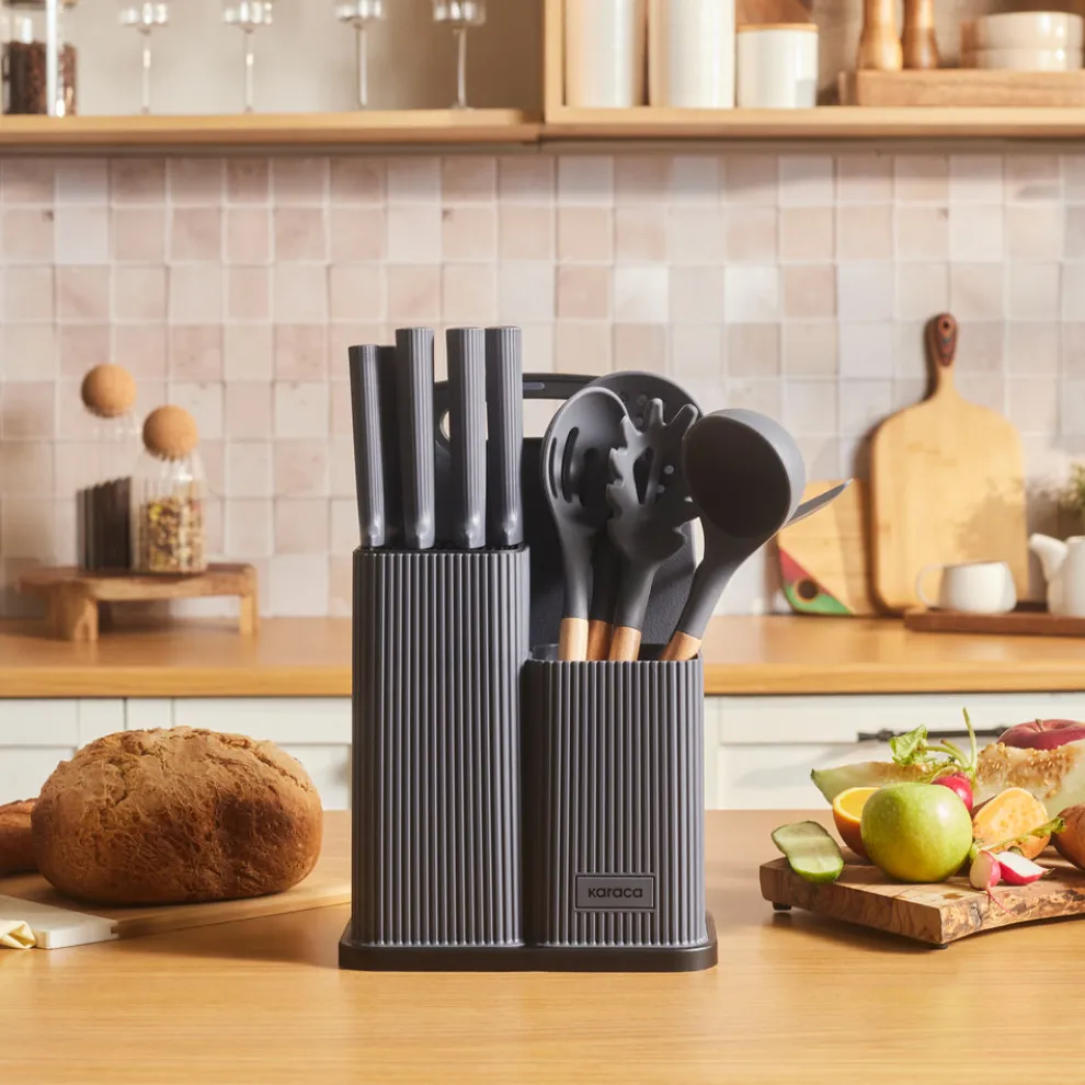 Karaca Massimo 12-Piece Knife Block Set, Chopping Board and Kitchen Utensil Set, Anthracite