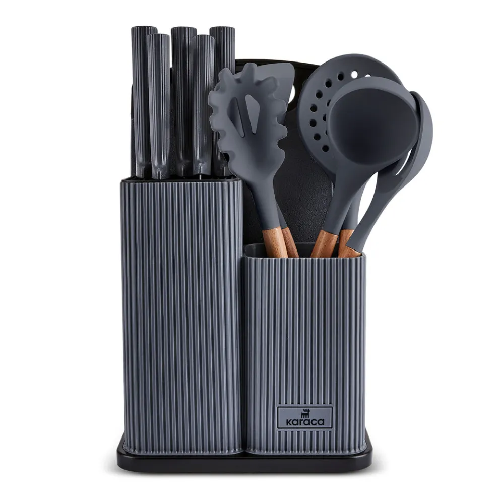 Karaca Massimo 12-Piece Knife Block Set, Chopping Board and Kitchen Utensil Set, Anthracite