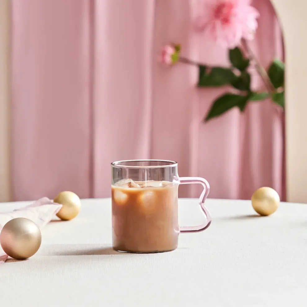 Karaca Miracle Glass Mug, 450ml, Anthracite Pink Zigzag