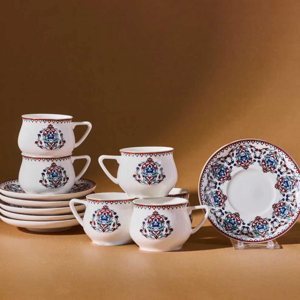 Karaca Nakkaş 12-Piece Porcelain Espresso Turkish Coffee Cup Set for 6 People, 100ml, Multi