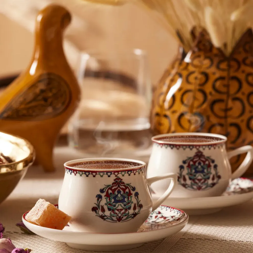 Karaca Nakkaş 12-Piece Porcelain Espresso Turkish Coffee Cup Set for 6 People, 100ml, Multi