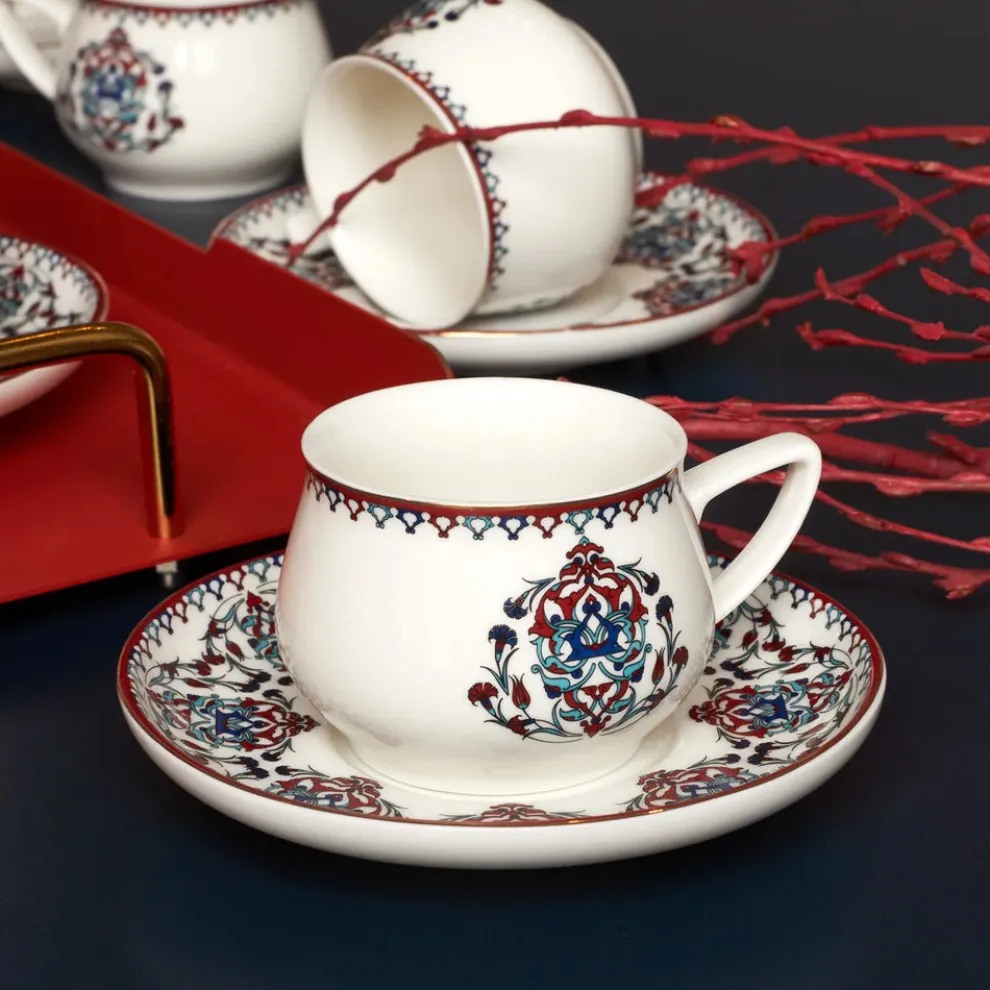 Karaca Nakkaş 12-Piece Porcelain Espresso Turkish Coffee Cup Set for 6 People, 100ml, Multi