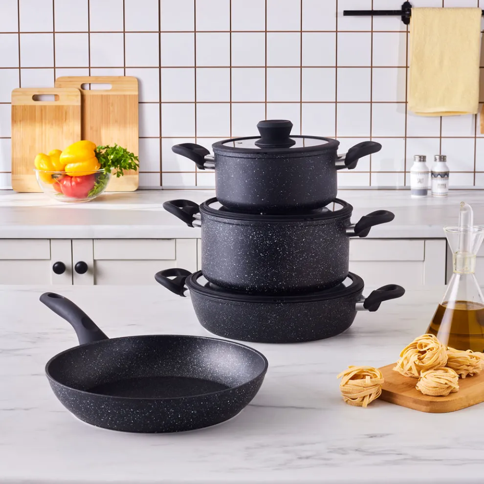 Karaca Nebula Granite 7-Piece Non-Stick Induction Cookware Set, Black