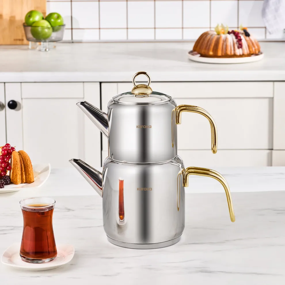 Karaca New Mira Midi Size Stainless Steel Teapot Set, Large, Gold