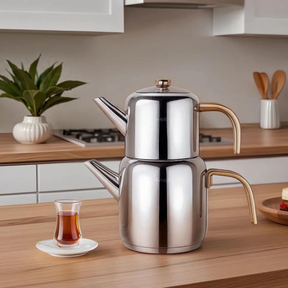 Karaca New Mira Midi Size Stainless Steel Teapot Set, Large, Gold