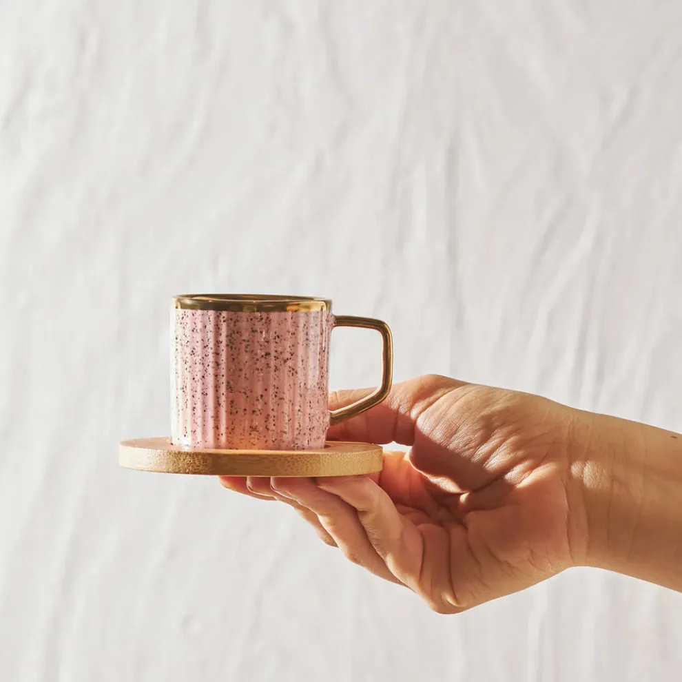 Karaca 12-Piece Bone China Espresso Turkish Coffee Cup Set with Bamboo Tray for 6 People, 90ml, Gold Multi