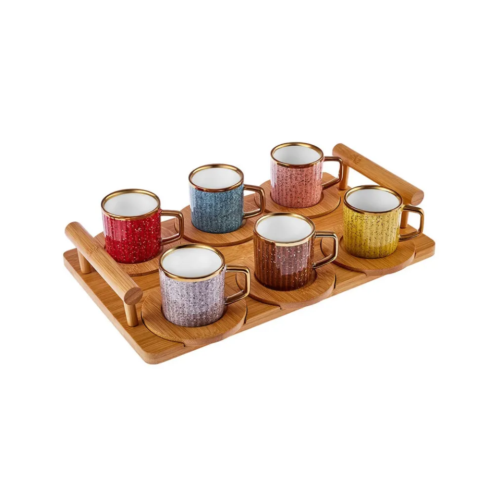 Karaca 12-Piece Bone China Espresso Turkish Coffee Cup Set with Bamboo Tray for 6 People, 90ml, Gold Multi