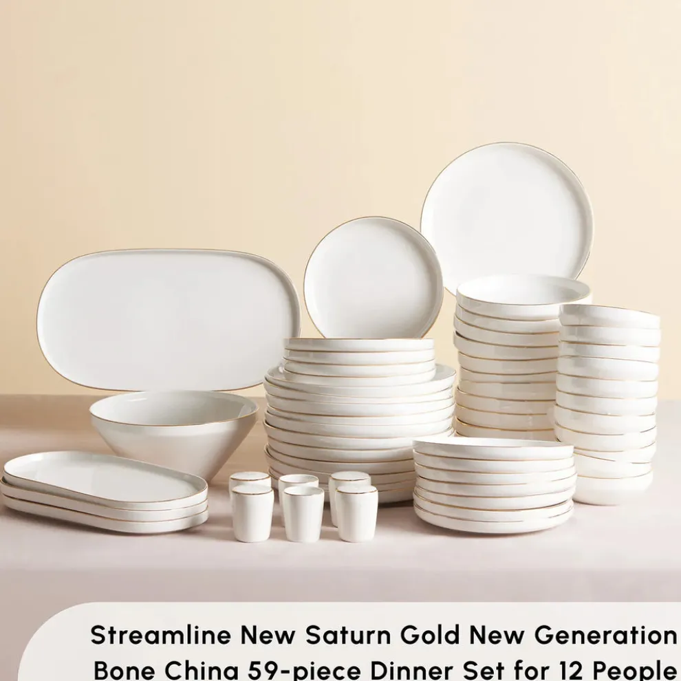 Karaca Red Carpet Collection Stream Bone China New Saturn 59-Piece Dinner Set for 12 People, White Gold
