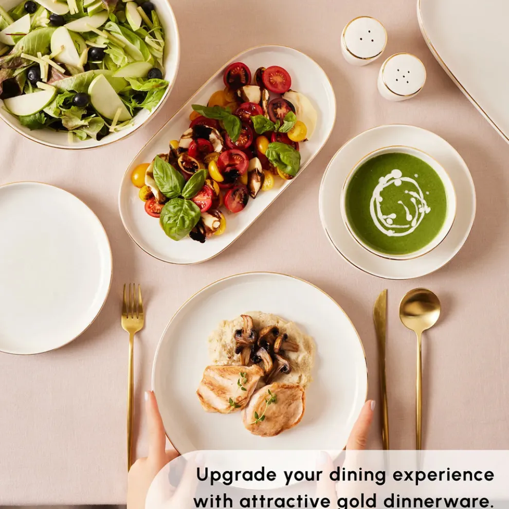 Karaca Red Carpet Collection Stream Bone China New Saturn 59-Piece Dinner Set for 12 People, White Gold