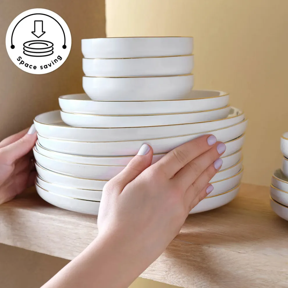 Karaca Red Carpet Collection Stream Bone China New Saturn 59-Piece Dinner Set for 12 People, White Gold