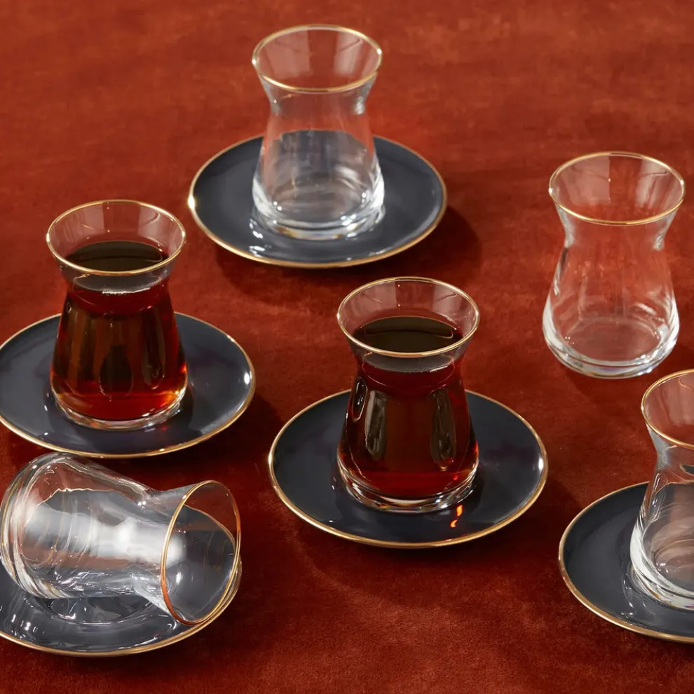 Karaca Retro 12-Piece Glass Turkish Tea Set for 6 People, 132ml, Anthracite Gold