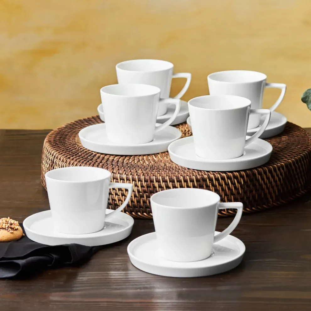 Karaca Salvare 12 Piece New Generation Bone Tea Cup and Saucer Set for 6 People, 260ml, White