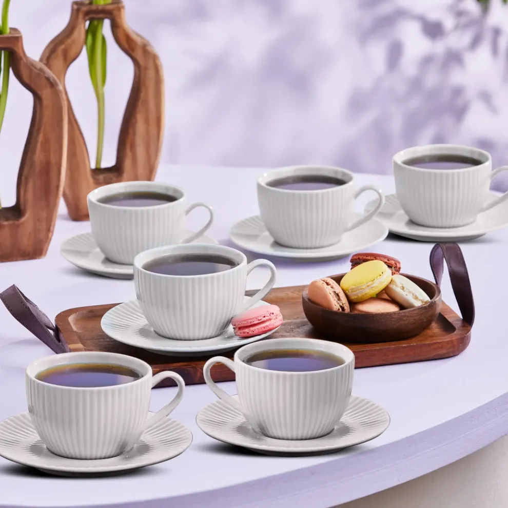 Karaca Seashell 12-Piece Porcelain Tea Cup and Saucer Set for 6 People, 200ml, Light Grey