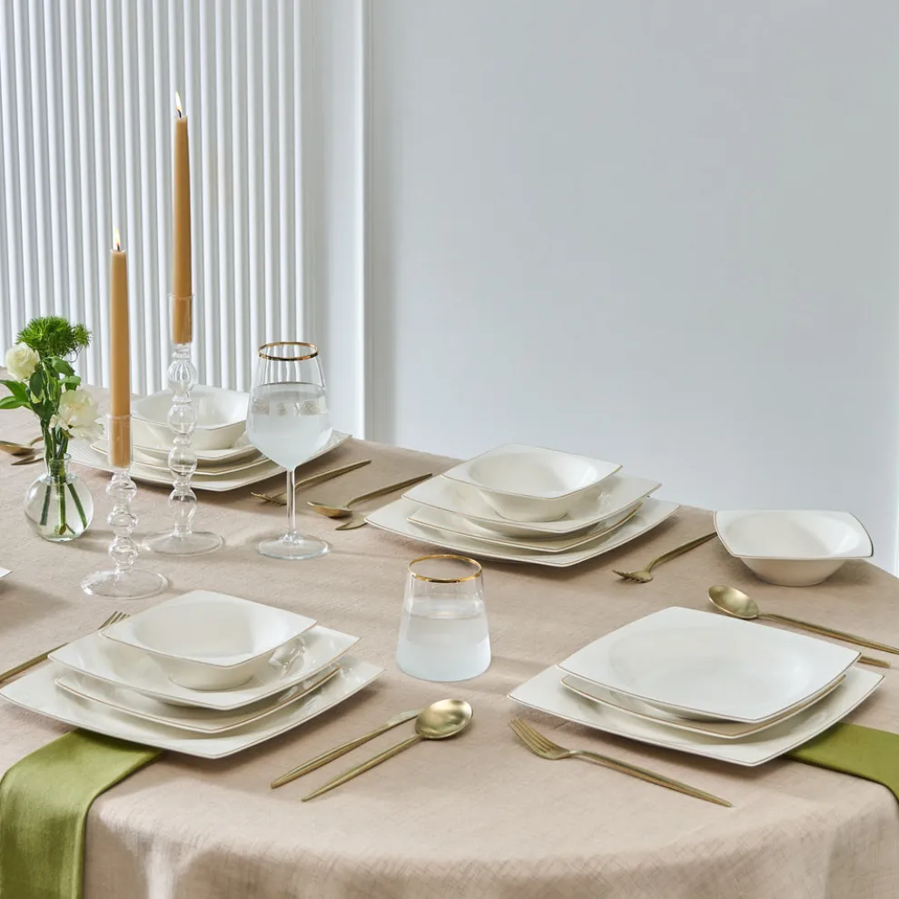 Karaca Square Bone China Mensa 24-Piece Dinner Set for 6 People, Gold